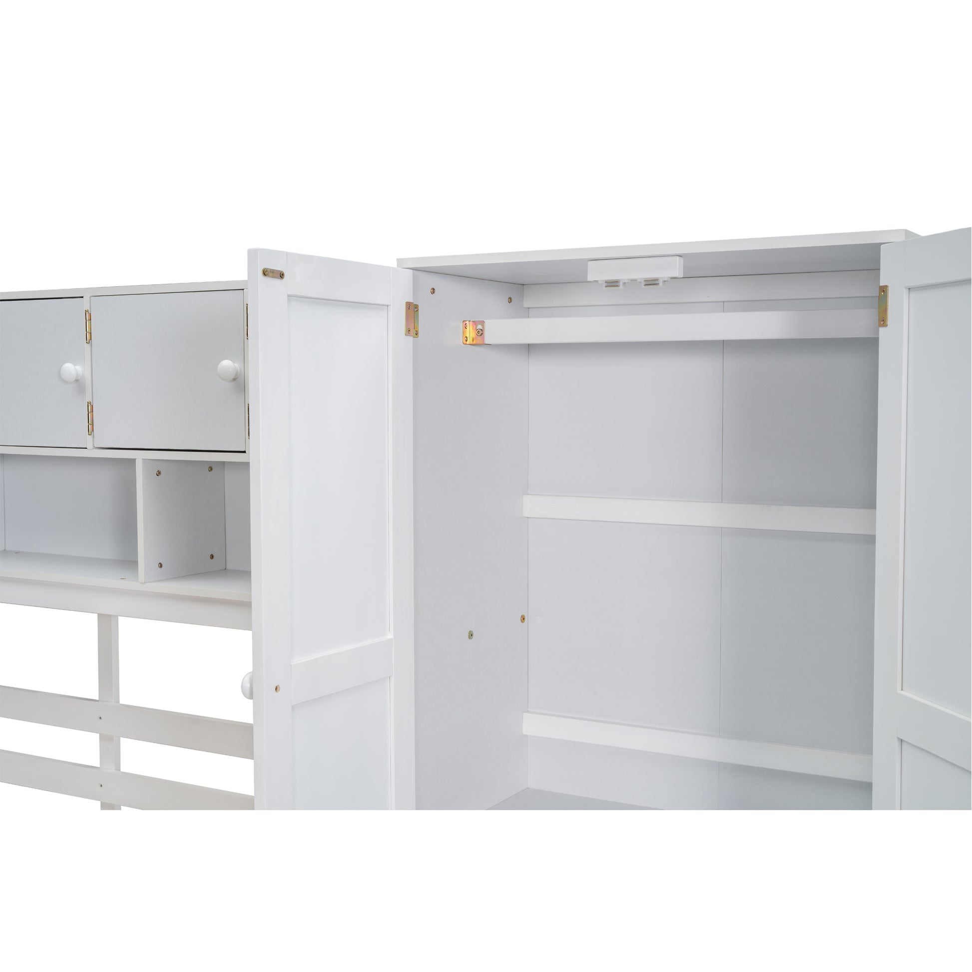 Full Size Wooden Loft Bed Big Storage With Under Bed Desk, With Drawers, With Shelves, White Full White Plywood