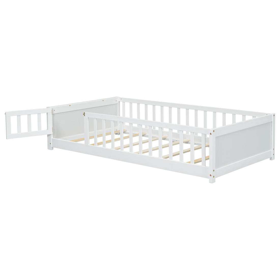 Twin Size Floor Platform Bed With Built In Book Storage Rack, Door,White Twin White American Design Pine