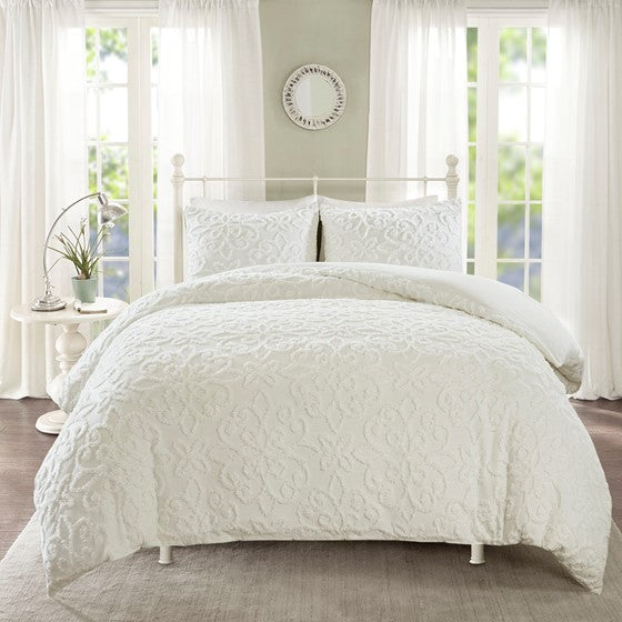 3 Piece Tufted Cotton Chenille Duvet Cover Set Queen Off White Cotton