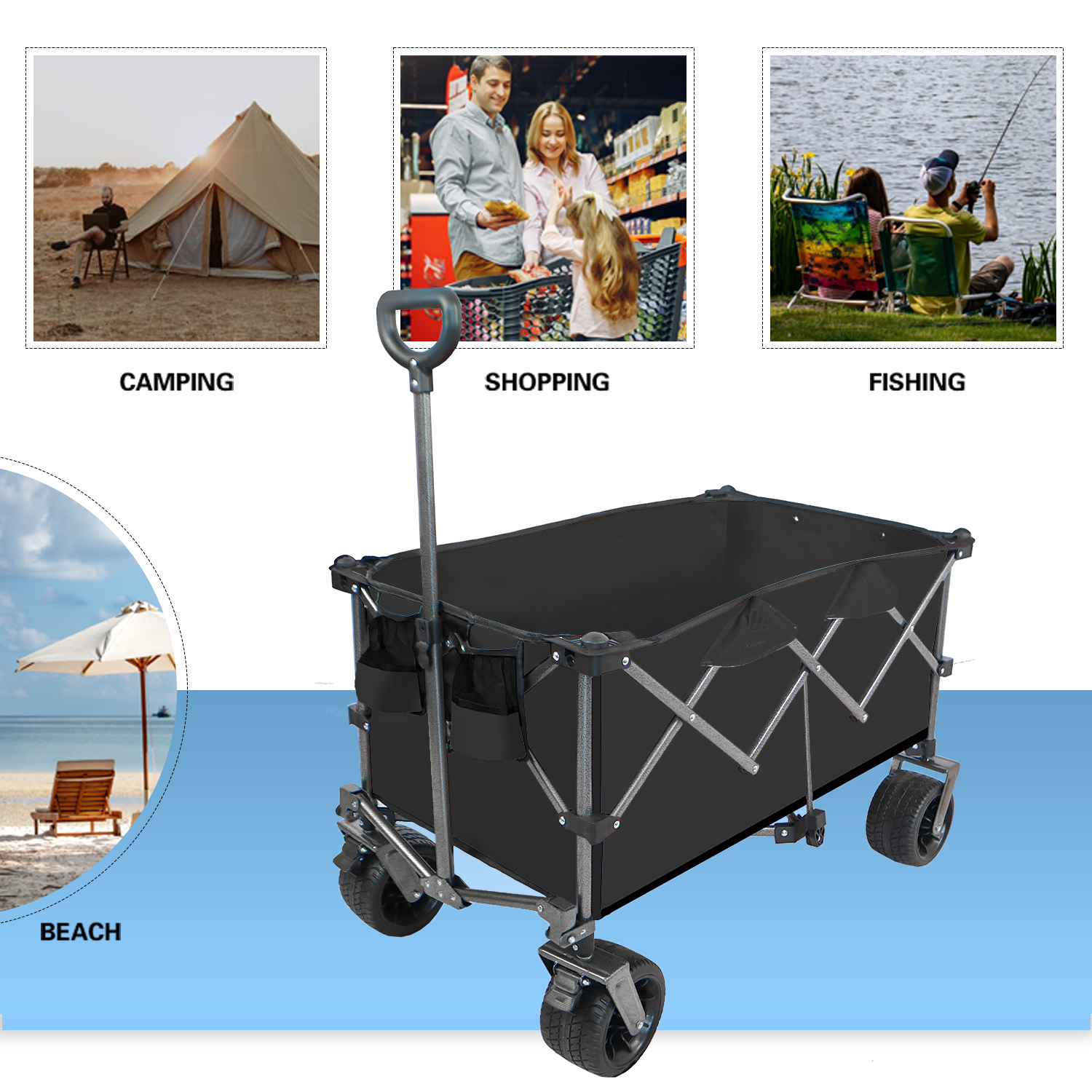 Collapsible Folding Wagon, Push Pull Foldable Beach Wagon Cart Black Steel