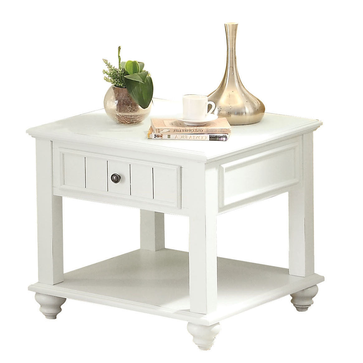White Washed End Table With Bottom Shelf White Primary Living Space Traditional Poplar Drawers Rectangular Wood