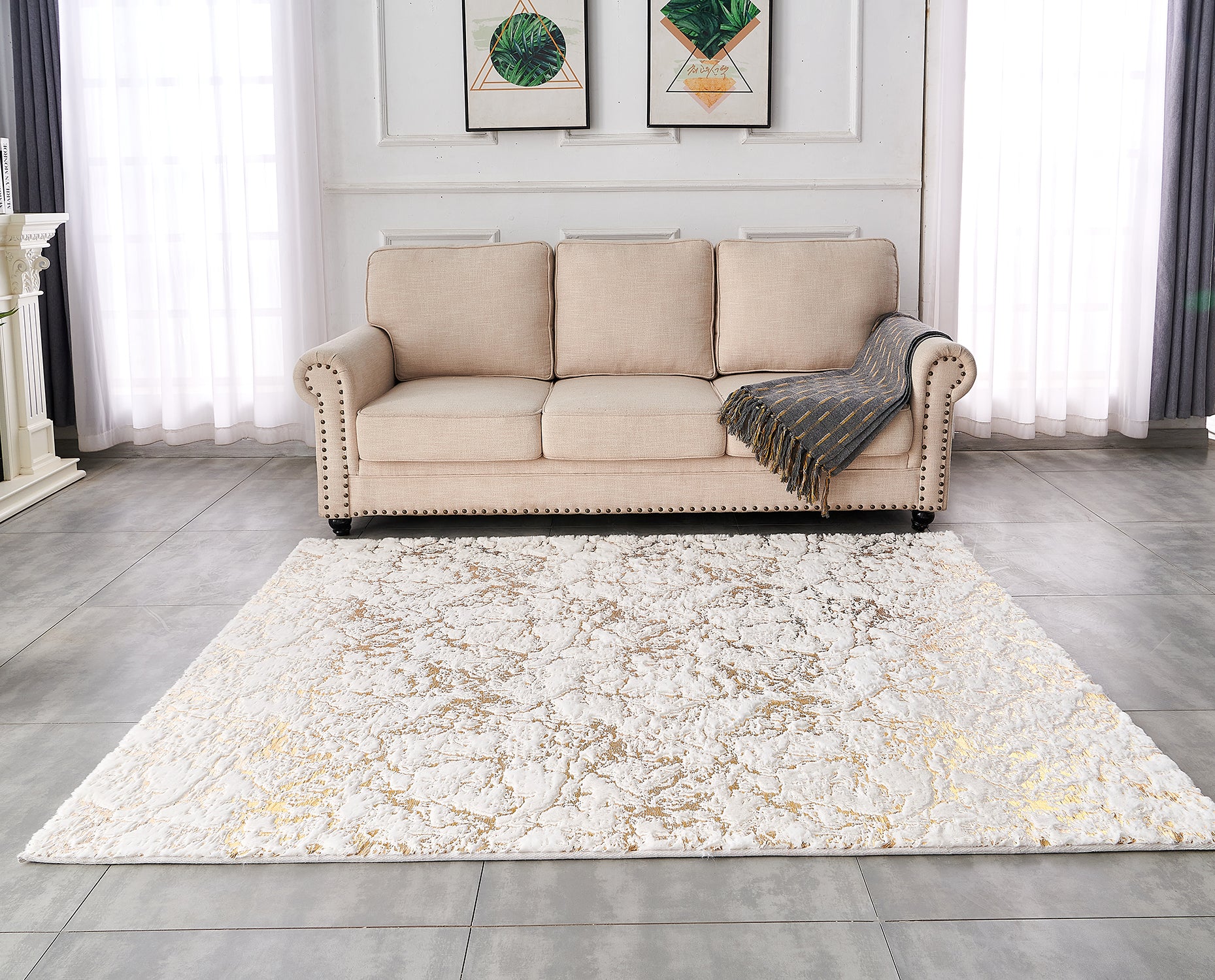 Luxury Machine Washable White Abstract Gold Gilded Chinchilla Faux Fur Area Rug White Gold Polyester