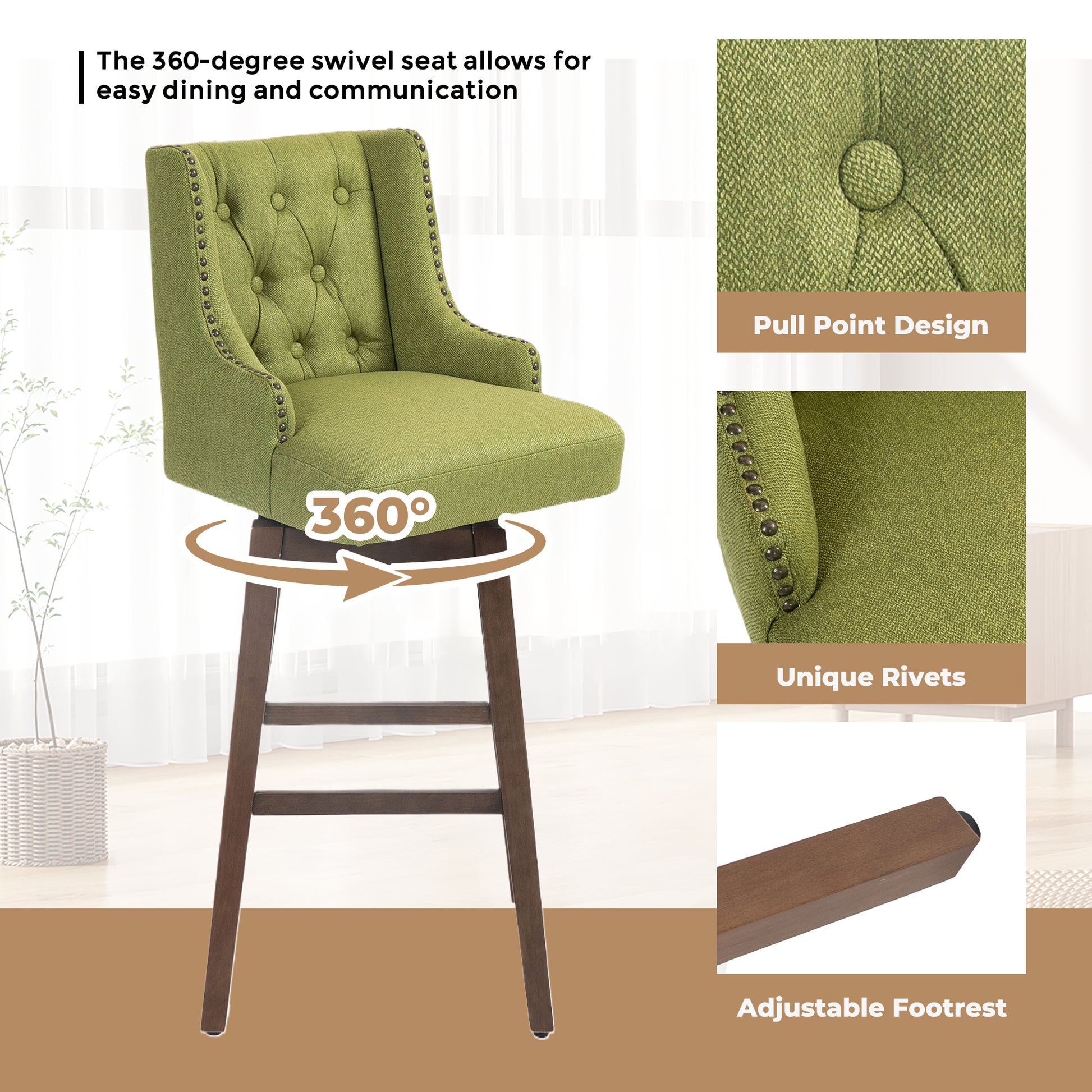 Coolmore Bar Stools Set Of 2 Counter Height Chairs With Footrest For Kitchen, Dining Room And 360 Degree Solid Wood Legs Swivel Bar Stools Set Of 2 Olive Linen Olive Foam Linen