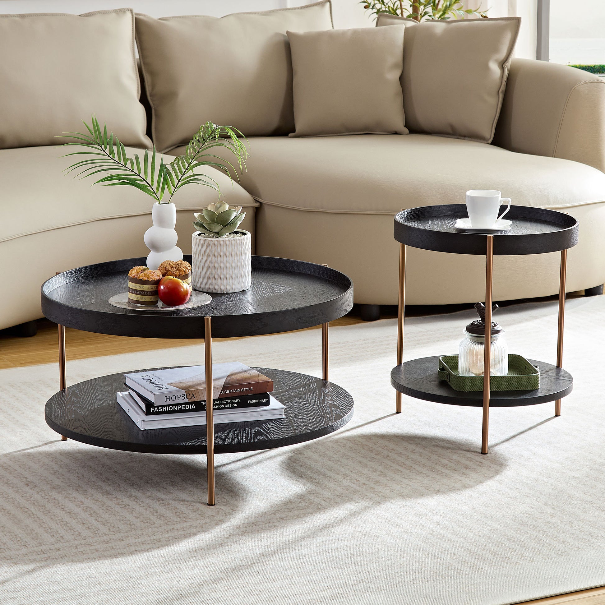 2 Piece Modern 2 Tier Round Coffee Table Set For Living Room,Easy Assembly Nesting Coffee Tables, End Side Tables For Bedroom Office Balcony Yard,Black Mdf Matt Black Mdf Metal