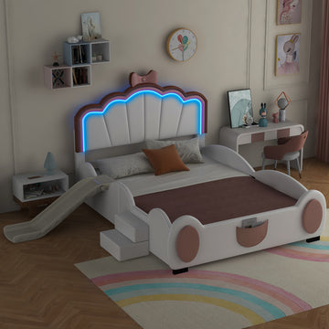 Full Size Upholstered Led Light Platform Bed With Shell Headboard And Children'S Slide, Pink Box Spring Not Required Full Pink White Wood Bedroom Bed Frame Faux Leather Upholstered