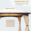 Outsunny 10' X 12' Outdoor Gazebo With Netting And Curtains, Patio Gazebo Canopy With 2 Tier Soft Top Roof And Steel Frame For Lawn, Garden, Backyard And Deck Beige Brown Steel