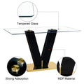 Table And Chair Set. A Rectangular Glass Dining Table With A 0.4 Inch Tempered Glass Tabletop And Mdf Board V Shaped Bracket, Paired With Chairs Consisting Of Pu Seat Cushions And Silver Metal Legs. White Black Seats 4 Tempered Glass