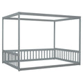 Full Size Canopy Frame Floor Bed With Fence, Guardrails,Grey Full Grey American Design Pine