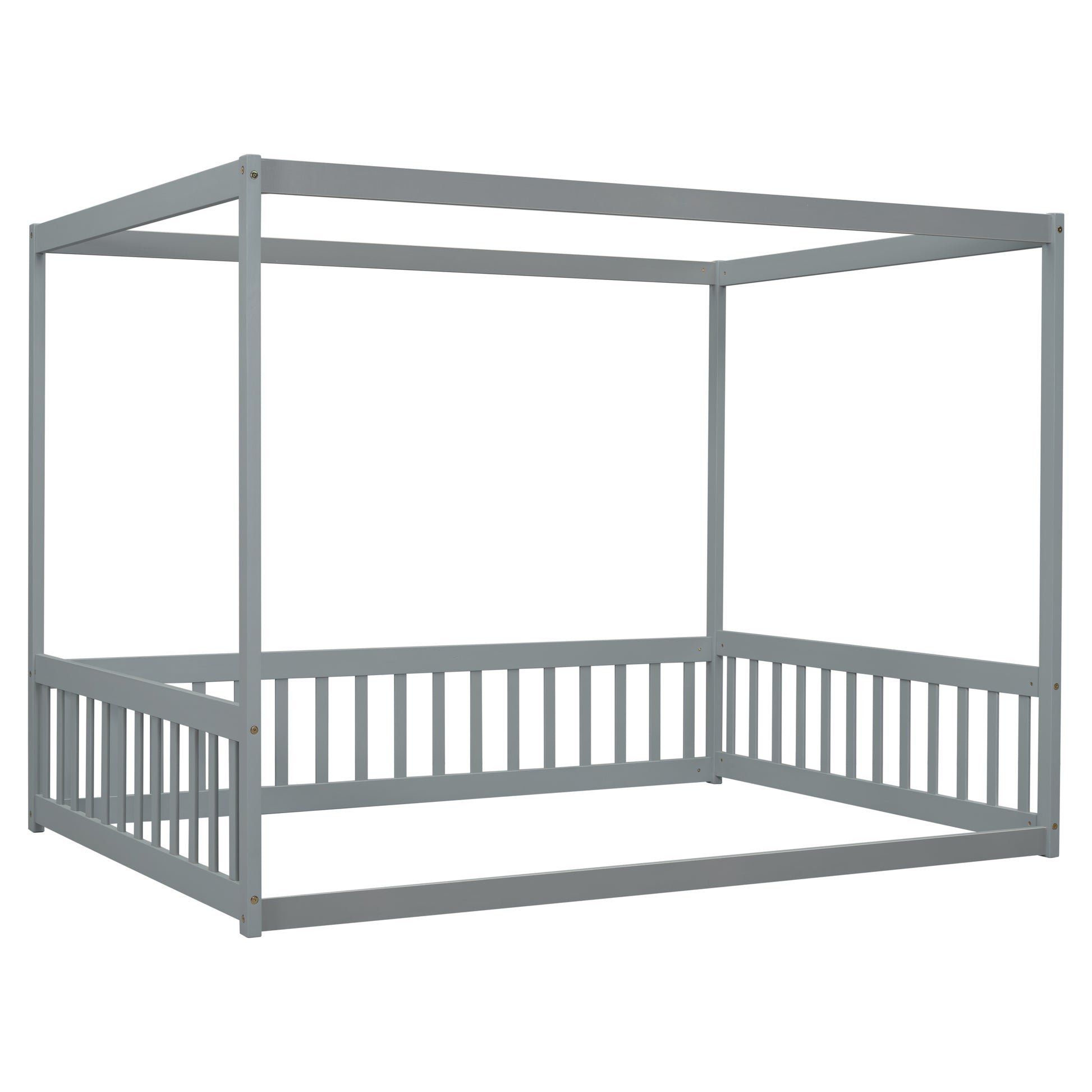 Full Size Canopy Frame Floor Bed With Fence, Guardrails,Grey Full Grey American Design Pine