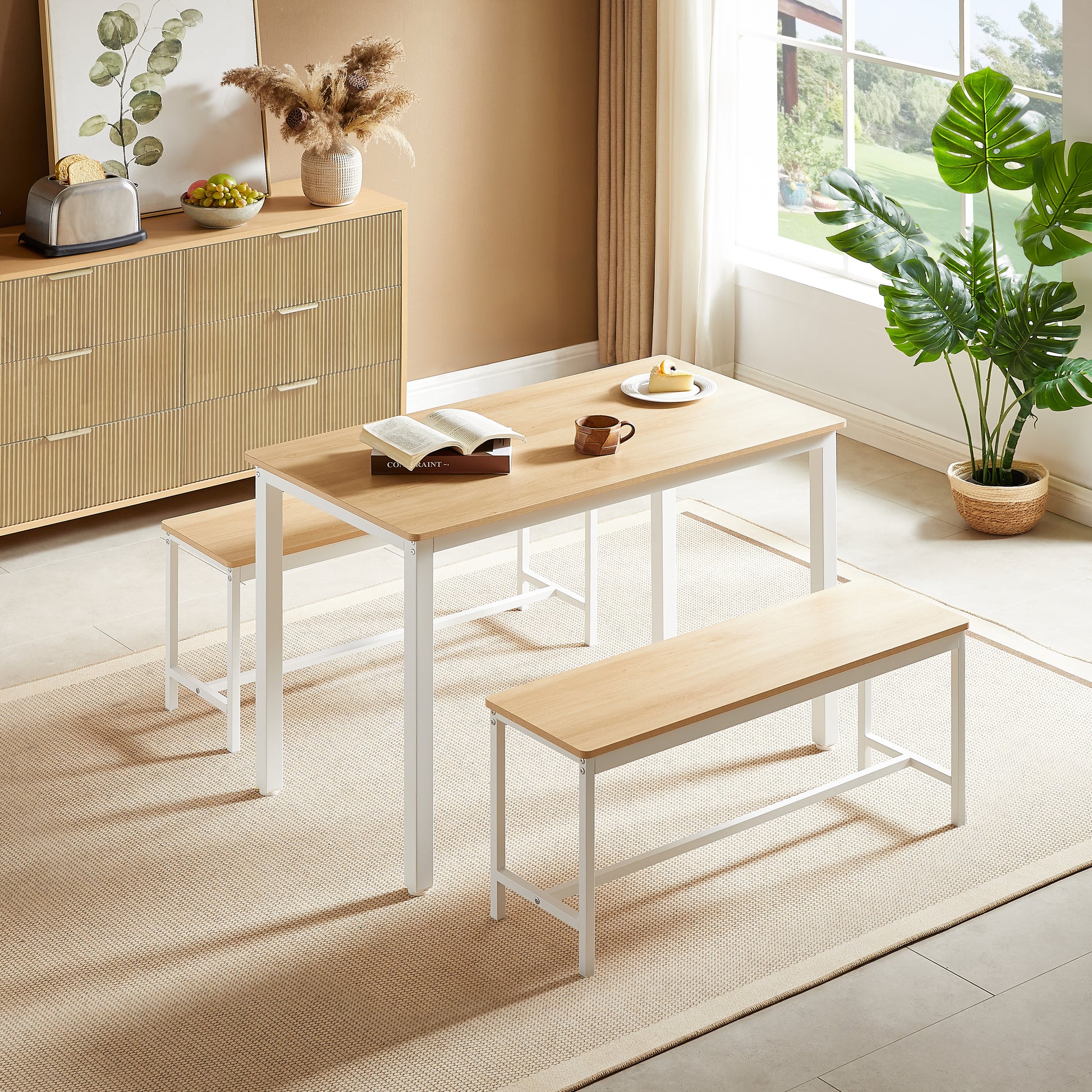 Dining Table Set, Bar Table With 2 Dining Benches, Kitchen Table Counter With Chairs, Industrial For Kitchen Breakfast Table, Living Room, Party Room, Natural And White43.3 L X23.6 W X 29.9 H White Natural Particle Board