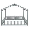 Double Twin House Style Floor Bed With Fence, Guardrails, Without Door, Grey Twin Grey American Design Pine