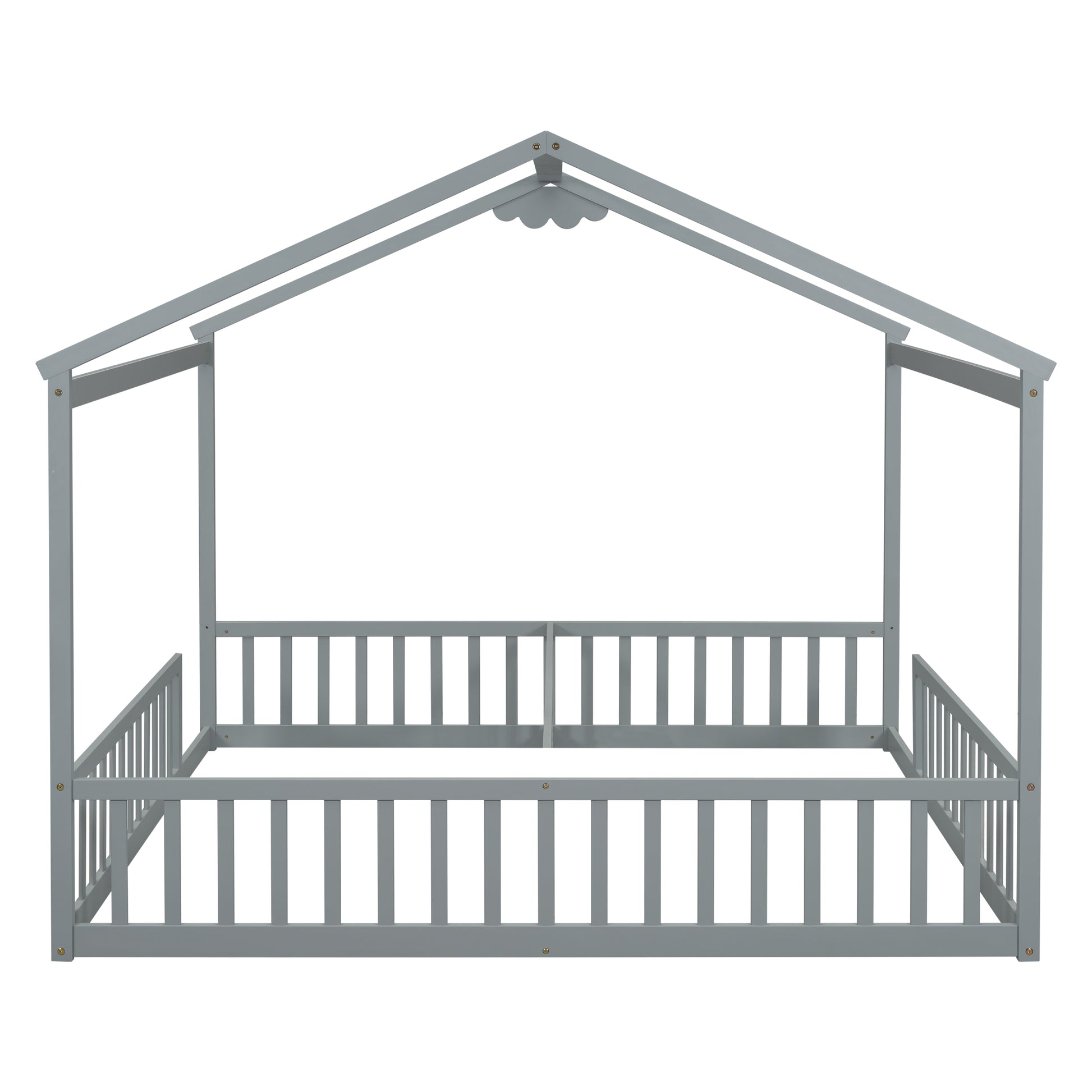 Double Twin House Style Floor Bed With Fence, Guardrails, Without Door, Grey Twin Grey American Design Pine