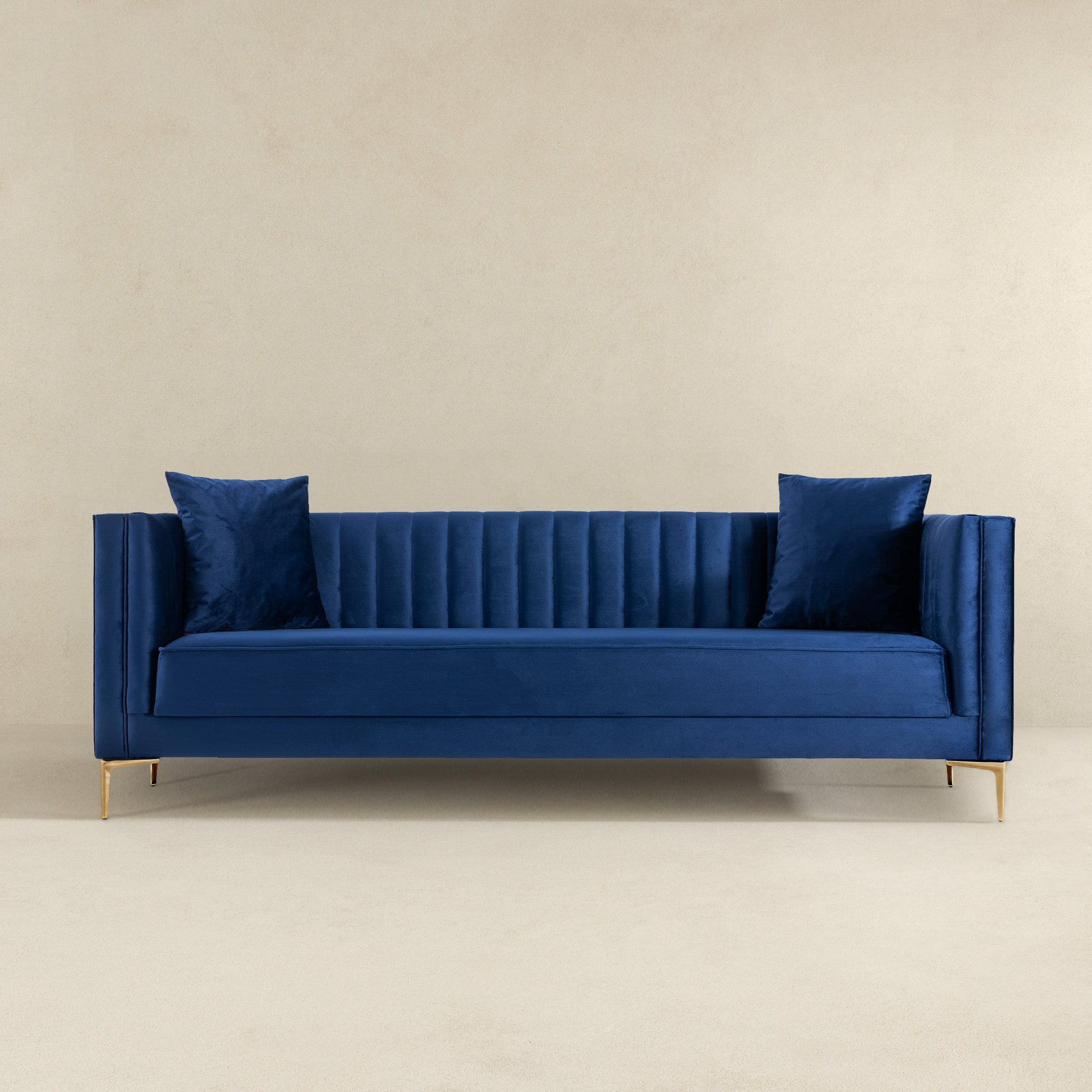 Angelina Sofa 91" Dark Blue Velvet Dark Blue,Gold Velvet Wood Primary Living Space Medium Firm Tufted Back Mid Century Modern Foam Metal,Velvet 4 Seat