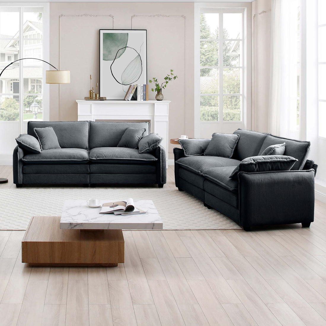 Modern Living Room Sofa Two Piece Set, Suitable For Living Room And Bedroom Sofa Set, Consists Of Two Pieces Of 2 Seater Sofa,Grey Corduroy Grey Corduroy 5 Seat