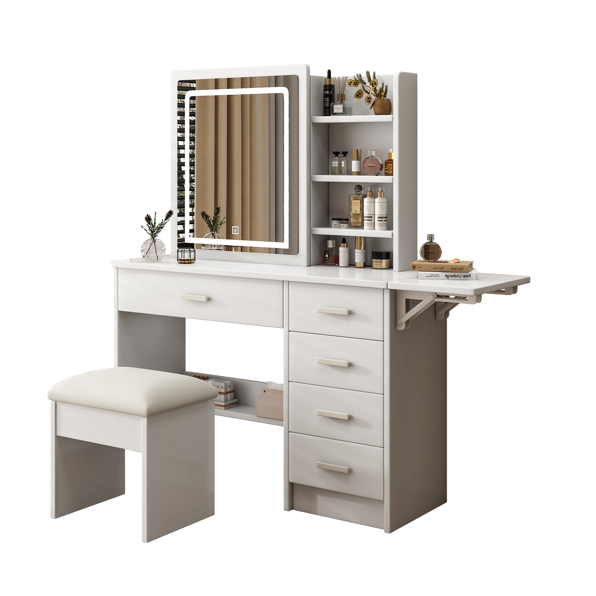 Fashion Vanity Desk With Mirror And Lights For Makeup With Open Shelves And Chair, Vanity Mirror With Lights And Table Set With 3 Color Lighting Brightness Adjustable, 5 Drawers, White Color White White 5 Drawers & Above Bedroom American Design White Mdf