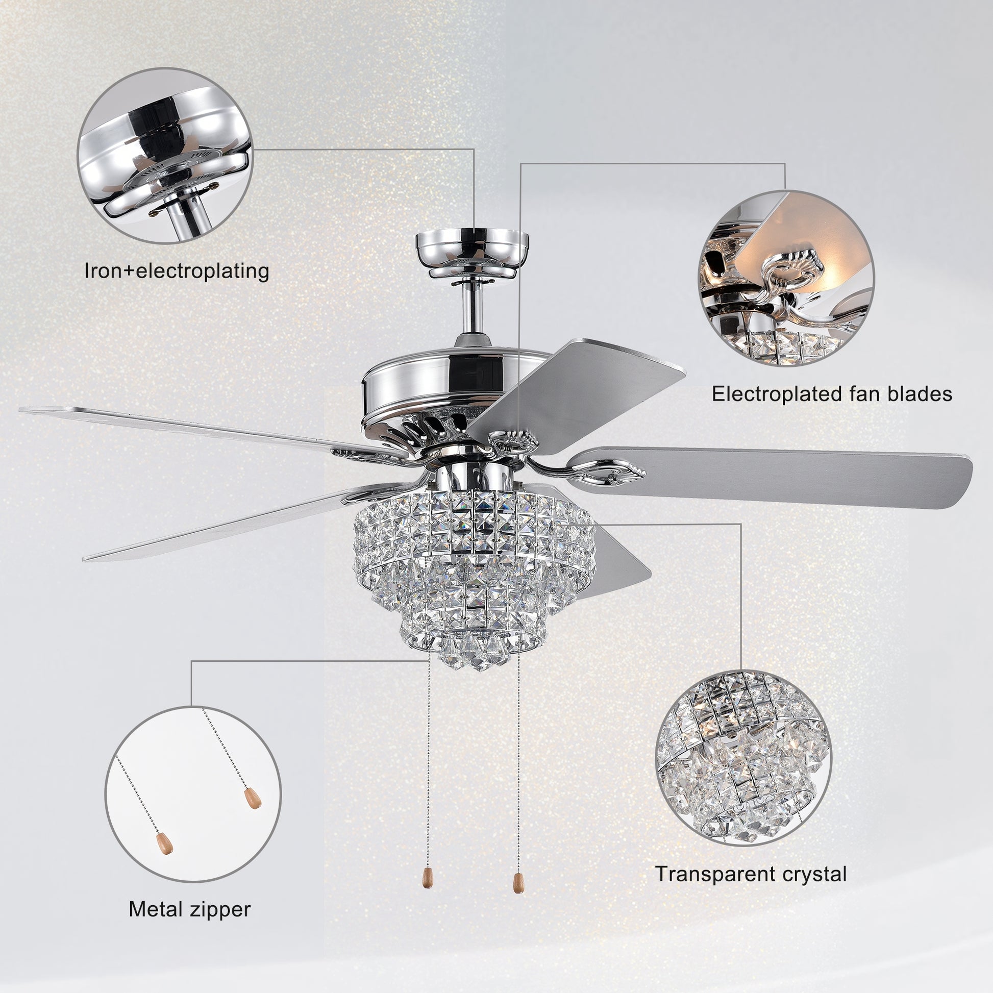 52 Inch Crystal Ceiling Fan Lamp With Hand Pull Chain 3 Speed High, Mid, Low , 5 Reversible Blades Ceiling Fan Chrome ,3Pcs*E12 No Include Bulb Chrome American Traditional,Antique,Classic,Contemporary Plywood Metal