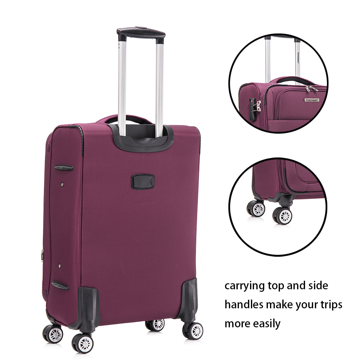 3 Piece Fabric Soft Luggage Set With Swivel Wheels And Password Lock, Purple, 20 26 30 Inches Purple Fabric