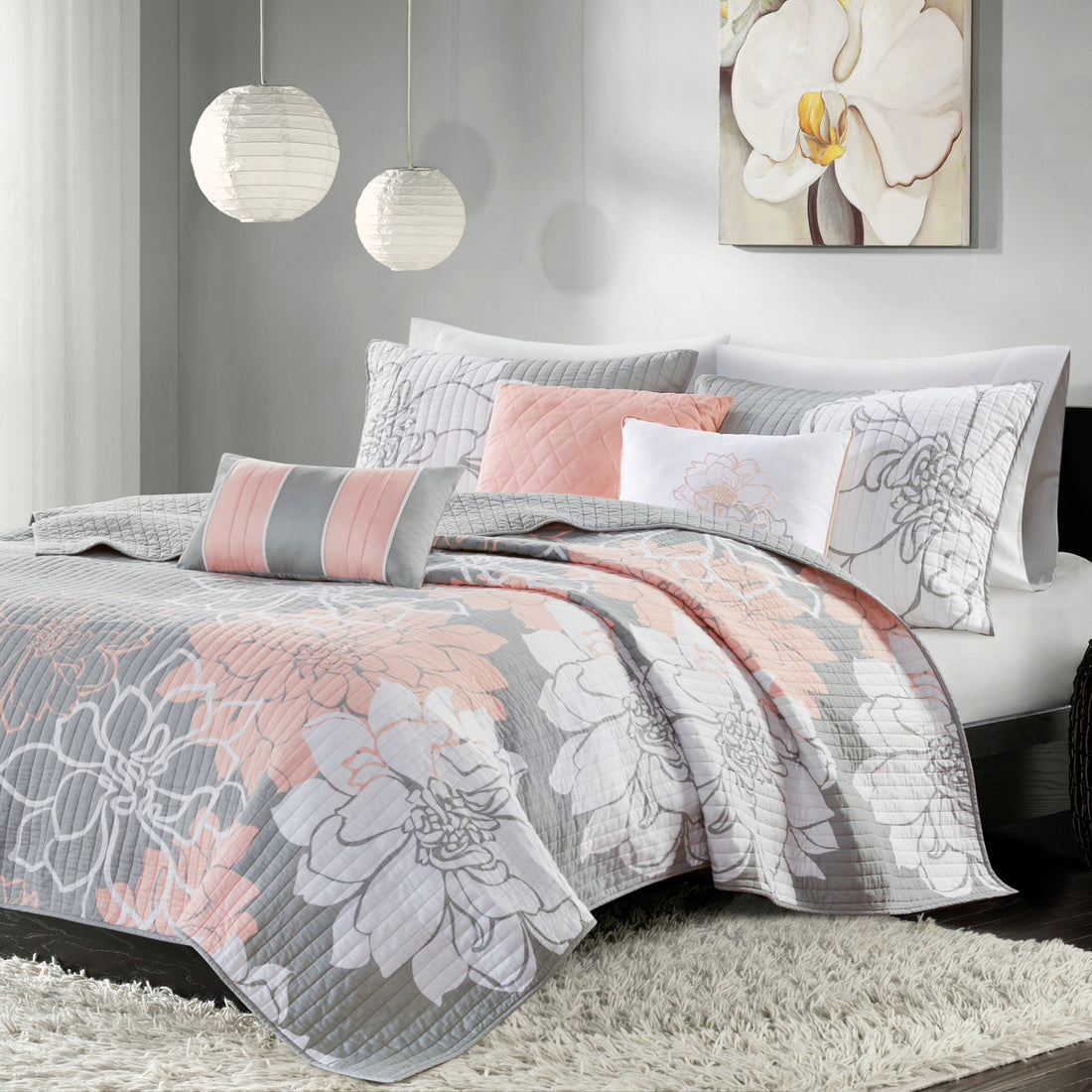6 Piece Printed Cotton Quilt Set With Throw Pillows Grey Peach King Cal King King Grey Peach Polyester