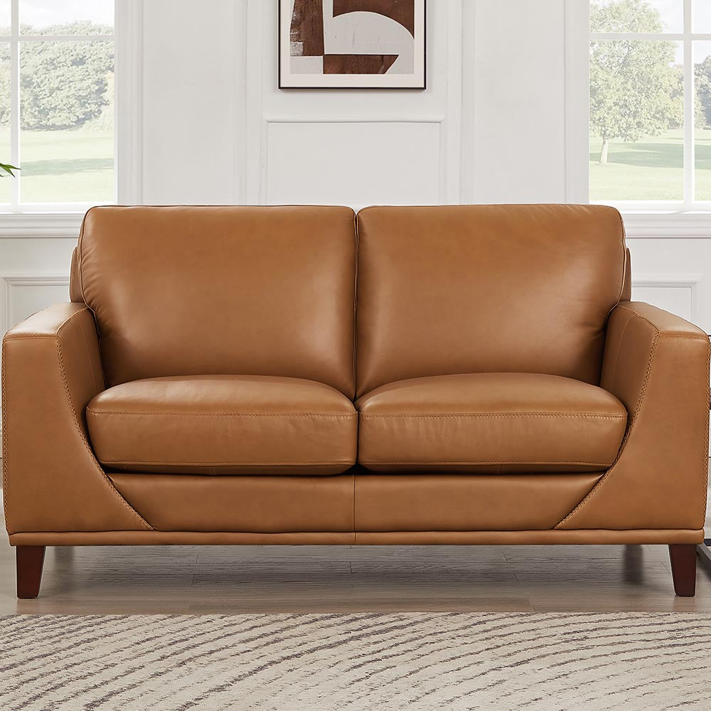 Soma Leather Loveseat Cognac Genuine Leather Wood Primary Living Space Medium Firm Cushion Back Mid Century Modern Eucalyptus Square Arms Down Filling Genuine Leather