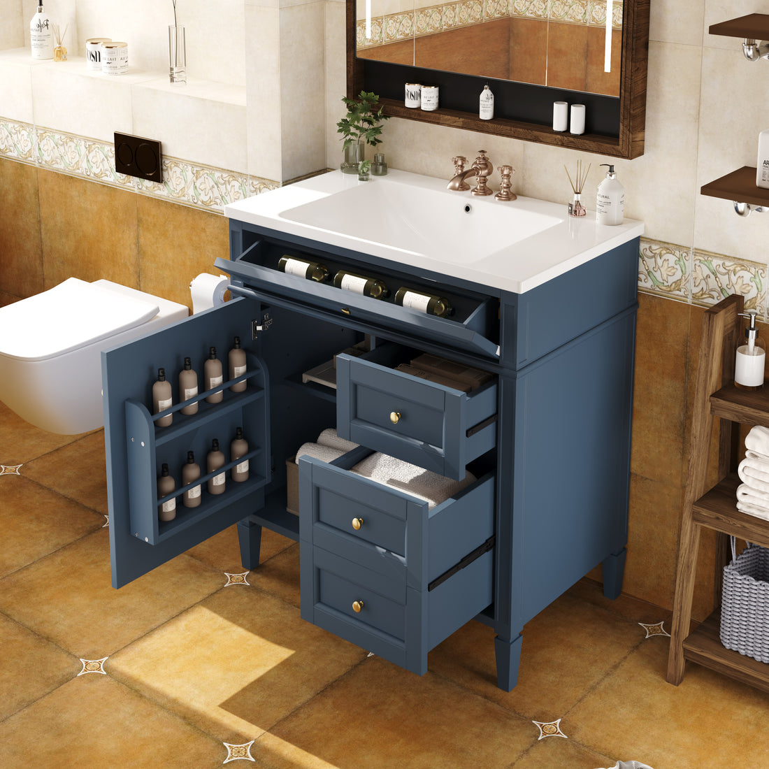 30'' Bathroom Vanity With Top Sink, Modern Bathroom Storage Cabinet With 2 Drawers And A Tip Out Drawer, Single Sink Bathroom Vanity 3 Blue 1 2 Adjustable Hinges Bathroom Freestanding Modern Solid Wood Mdf Resin Painted