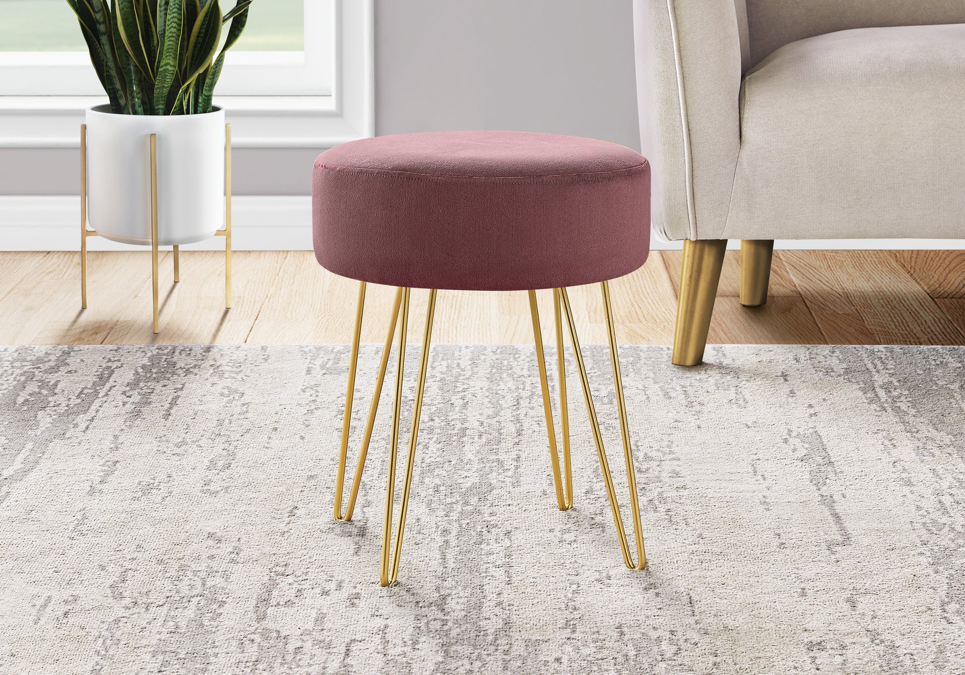 Ottoman, Pouf, Footrest, Foot Stool, 14" Round, Pink Fabric, Gold Metal Legs, Contemporary, Modern Gold Foam Polyester