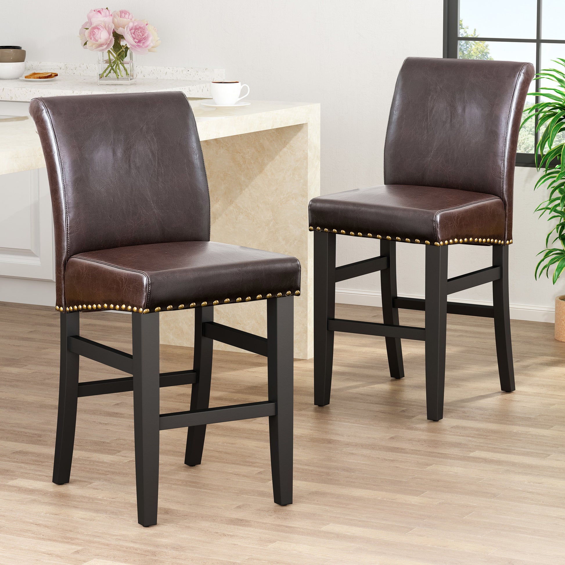 Upholstered Counter Stool With Solid Wood Frame Set Of 2 Brown Set Of 2 Leather