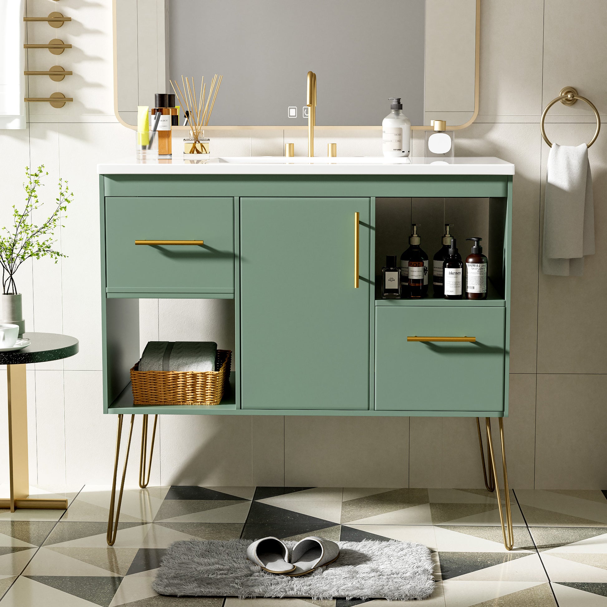 36'' Bathroom Vanity With Resin Sink Combo Set, Modern Freestanding Single Bathroom Cabinet With 2 Drawers & 2 Storage Compartments, Storage Cabinet For Bathroom, Solid Wood Frame Vanity Set, Green Green Bathroom Modern Mdf