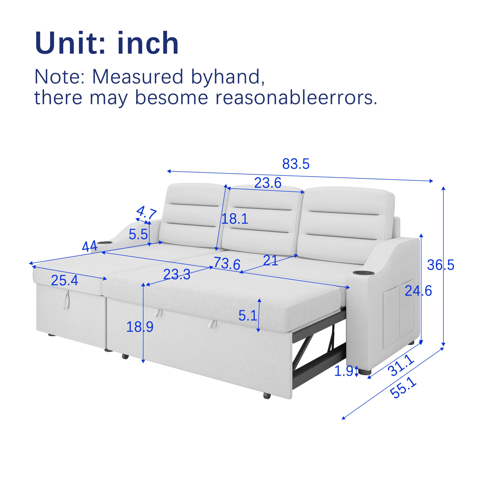 Mh83.5" Convertible Sleeper Combo Sofa, Convertible Sofa Bed Polyester Pullout Bed With Storage Recliner And Cup Holder For Living Room, Tight Spaces Light Grey Polyester Primary Living Space Pine Foam Fabric 3 Seat