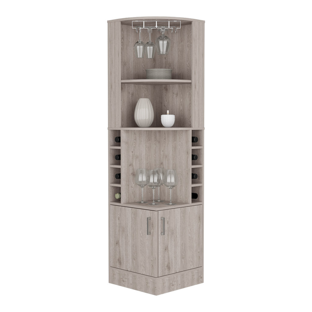 Syrah Corner Bar Cabinet, Eight Bottle Cubbies, Double Door, Two Open Shelves Light Gray Light Gray Modern Particle Board Particle Board