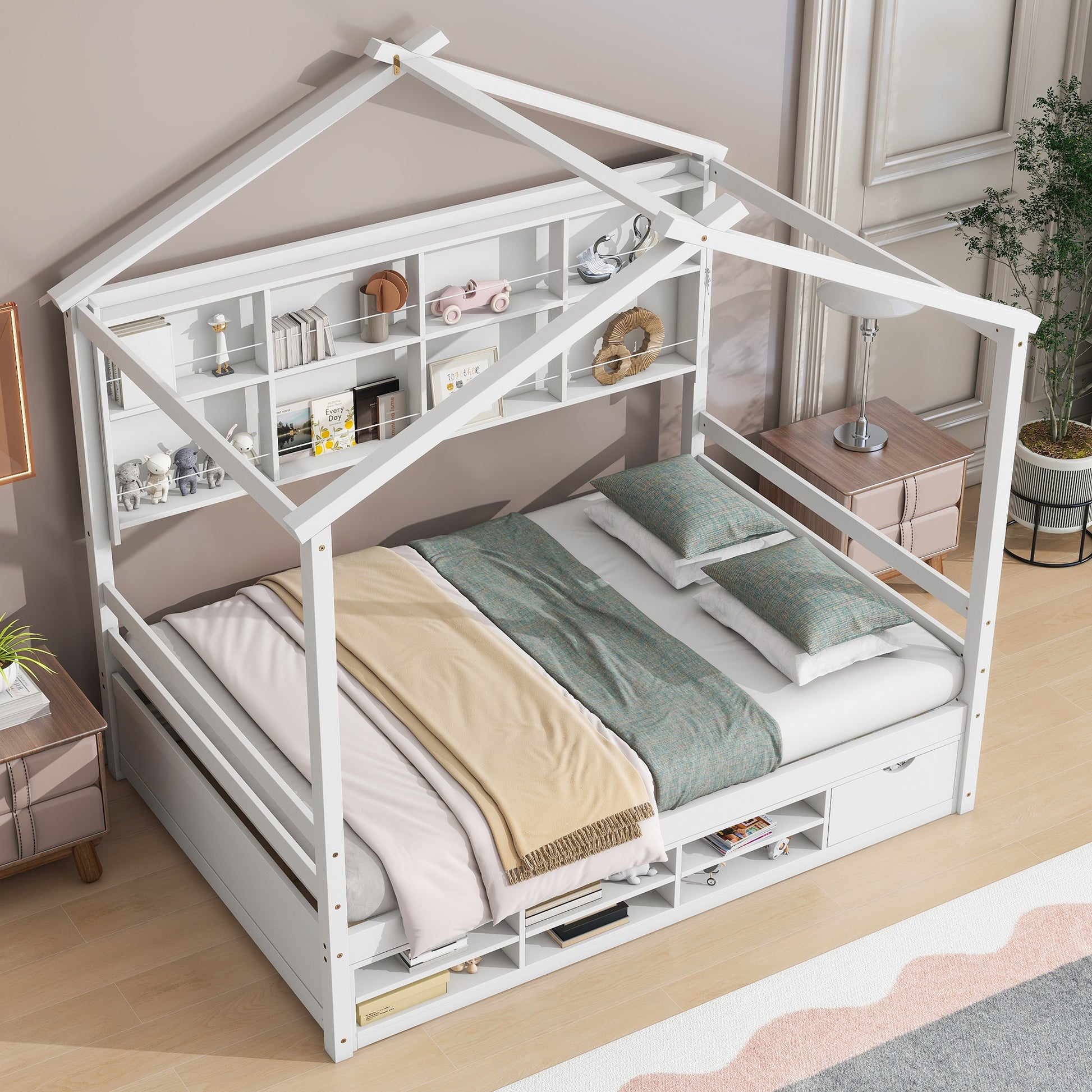 Full House Bed With Roof Frame, Bedside Shelves, Under Bed Storage Unit,White Full White American Design Pine