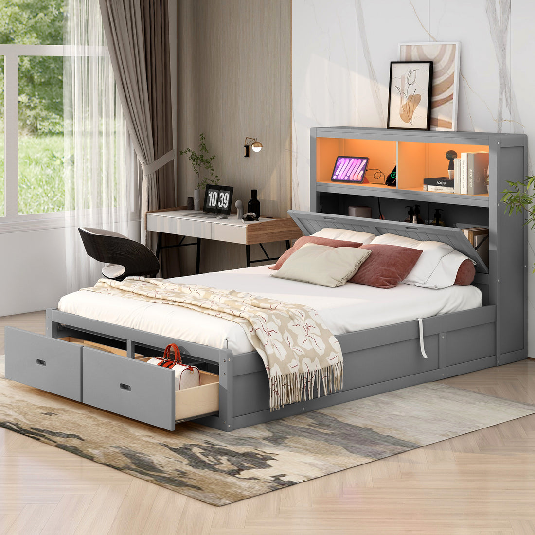 Wood Queen Size Hydraulic Platform Bed With Storage Led Headboard, Charging Station And 2 Drawers, Gray Box Spring Not Required Queen Gray Wood Bedroom Bed Frame Solid Wood Mdf