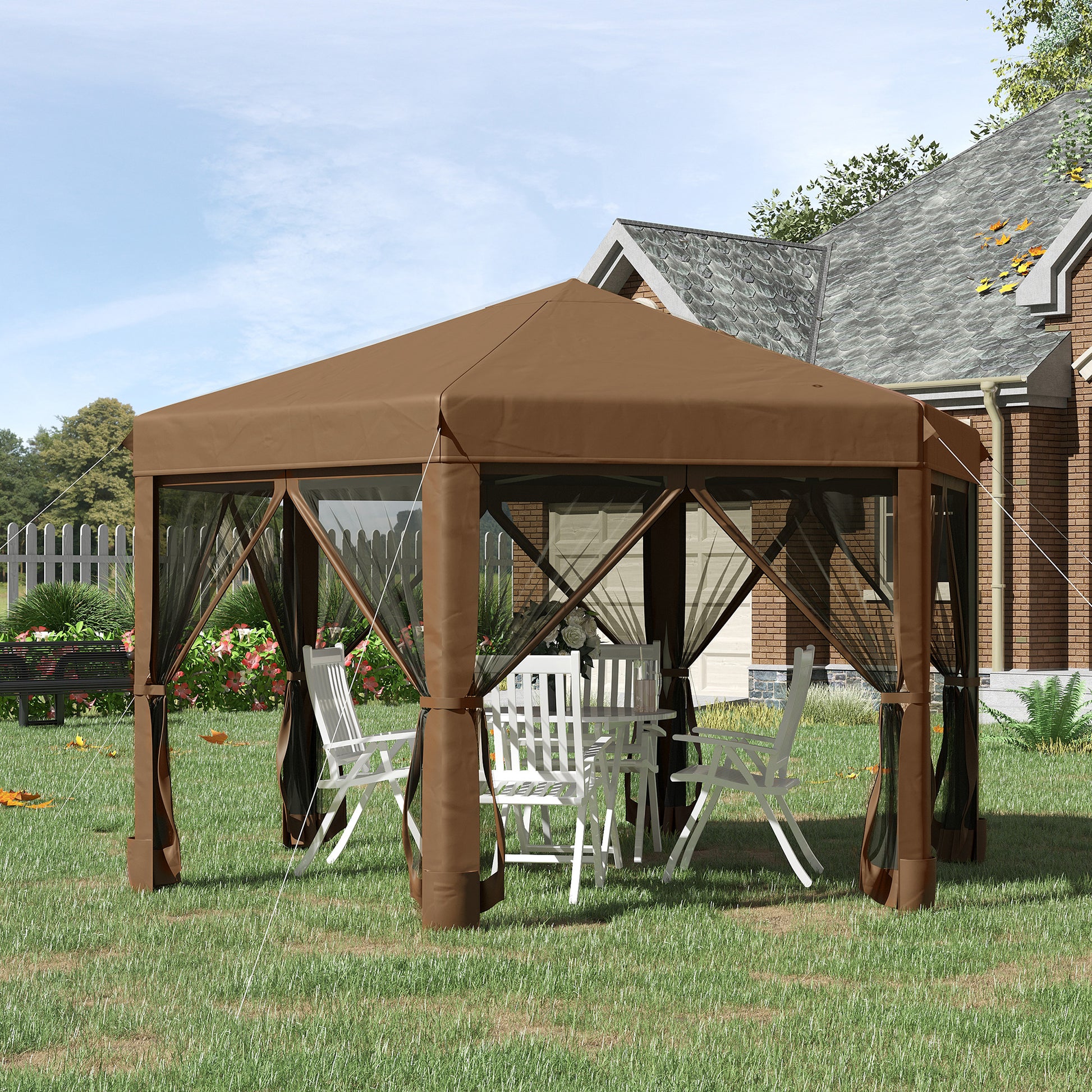 Outsunny 13' X 11' Hexagonal Pop Up Gazebo, Heavy Duty Outdoor Canopy Tent With 6 Mesh Sidewall Netting, 3 Level Adjustable Height And Strong Steel Frame, Brown Dark Brown Steel