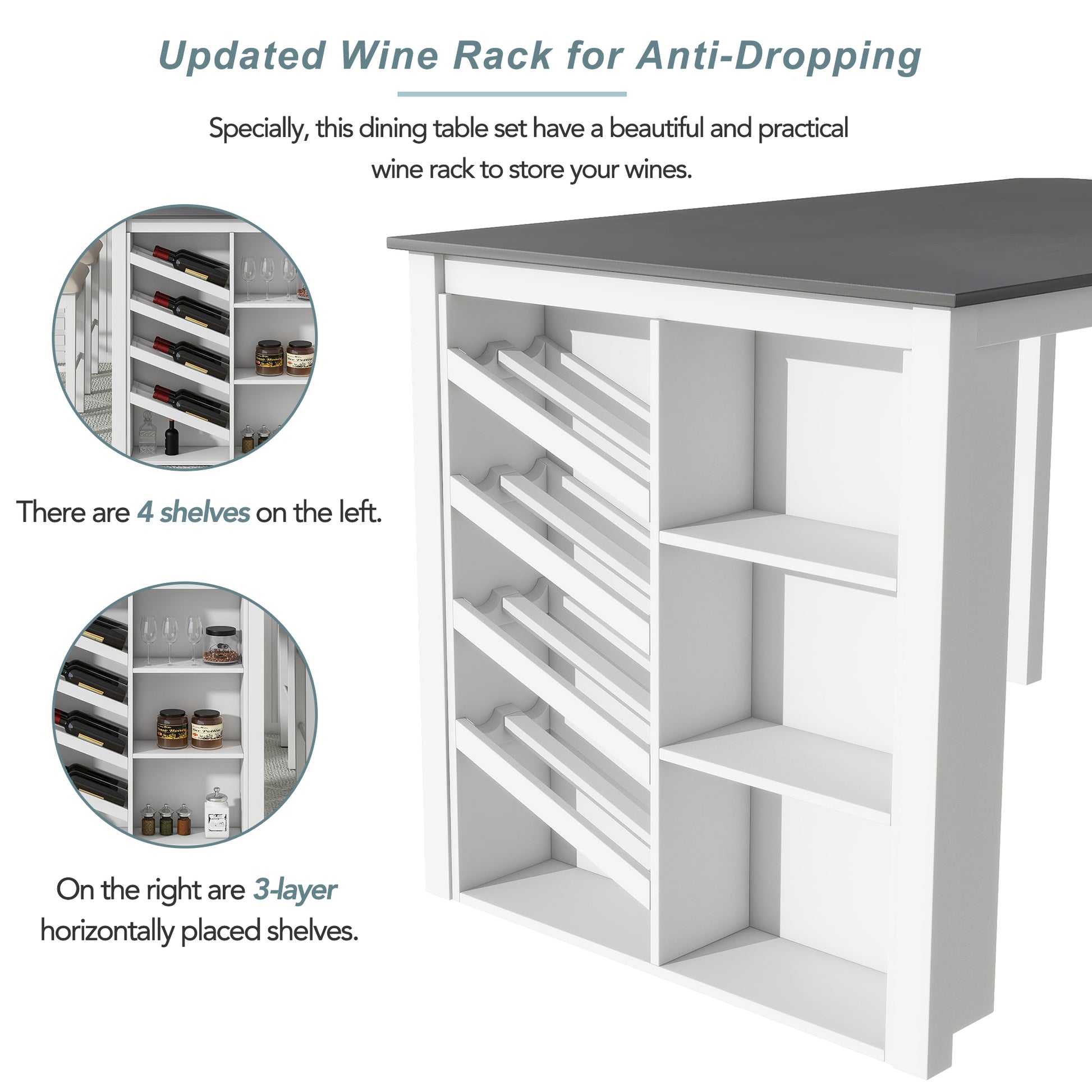 Updated Counter Height 5 Piece Solid Wood Dining Table Set, 59*35.4Inch Table With Curved Wine Rack And 4 Upholstered Chairs, White Wood Dining Room Solid Wood Rubberwood Rectangular Dining Table With Chair Wood Wood White Solid Back Seats 4 Farmhouse 4