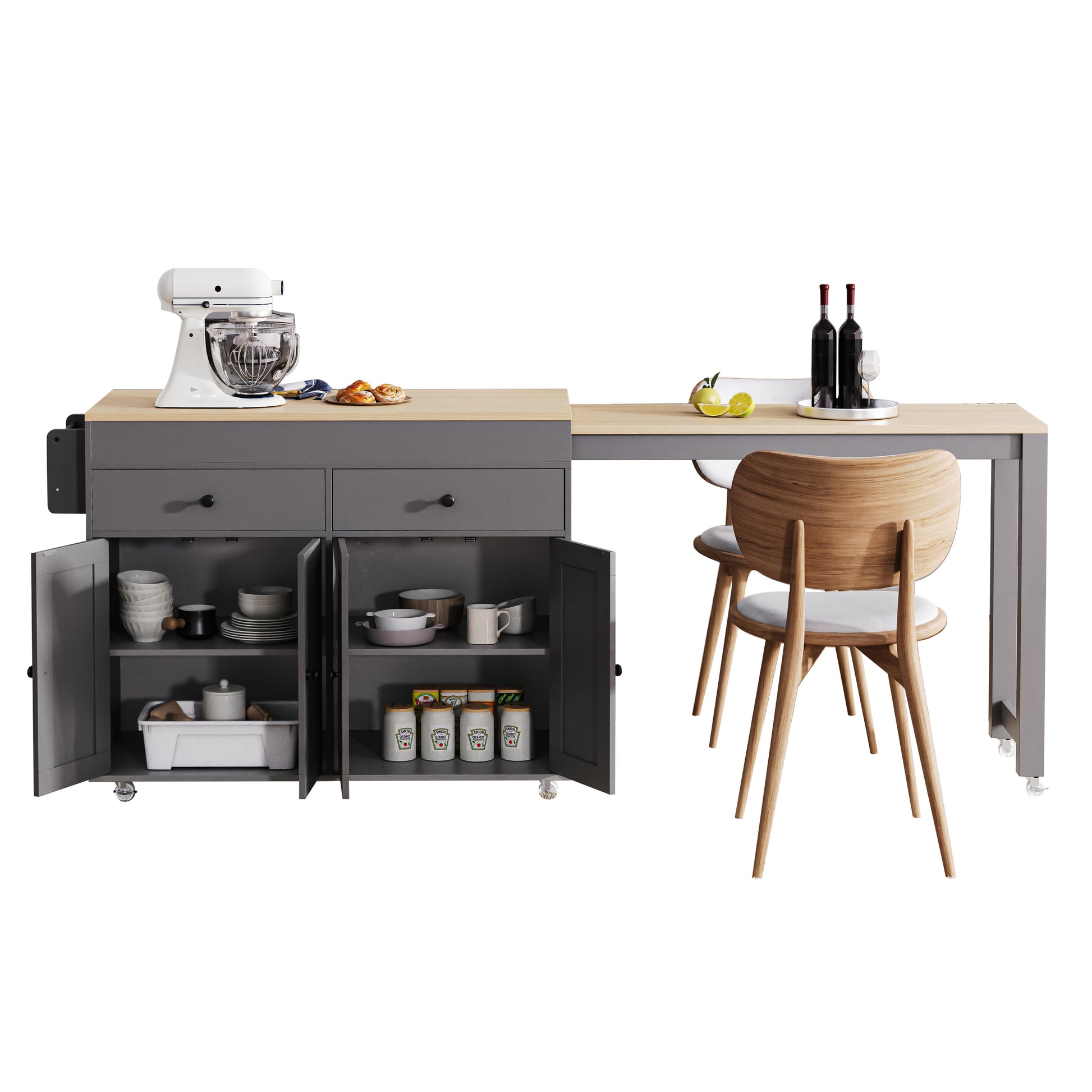 K&K 74.5 Inch Kitchen Island With Extendable Dining Tablerolling Kitchen Island On Wheels With Spice Rack And 2 Drawers, Kitchen Storage Cart With 4 Door Cabinet, For Kitchen, Dining Room, Grey Grey