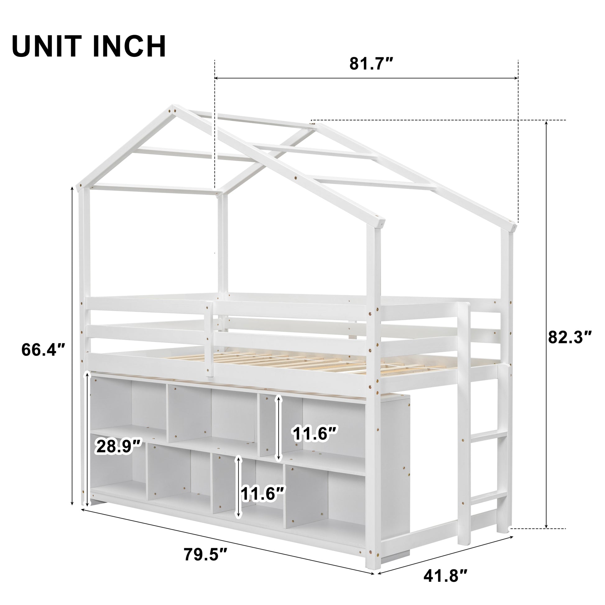 Twin House Loft Bed With Roof Frame, Under Bed Shelving Storage Unit, Guardrails, Ladder,White Twin White Bedroom American Design Pine Pine