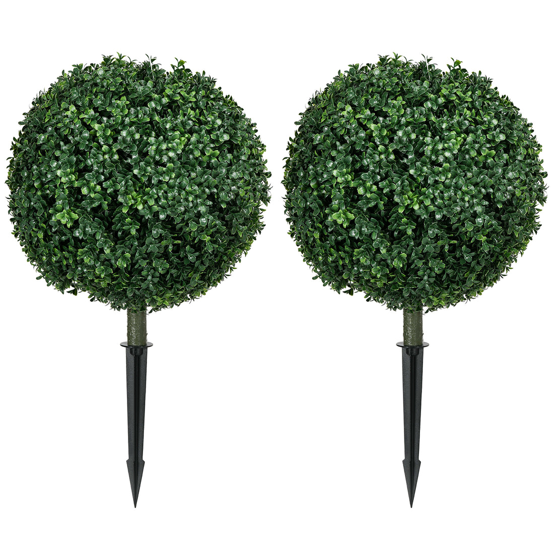 Homcom 1.3' 15.7" Artificial Boxwood Topiary Trees With Ground Stake, Uv Resistant Set Of 2 Ball Shaped Trees, Indoor Outdoor Fake Plants For Home Office & Living Room D Cor Green Plastic