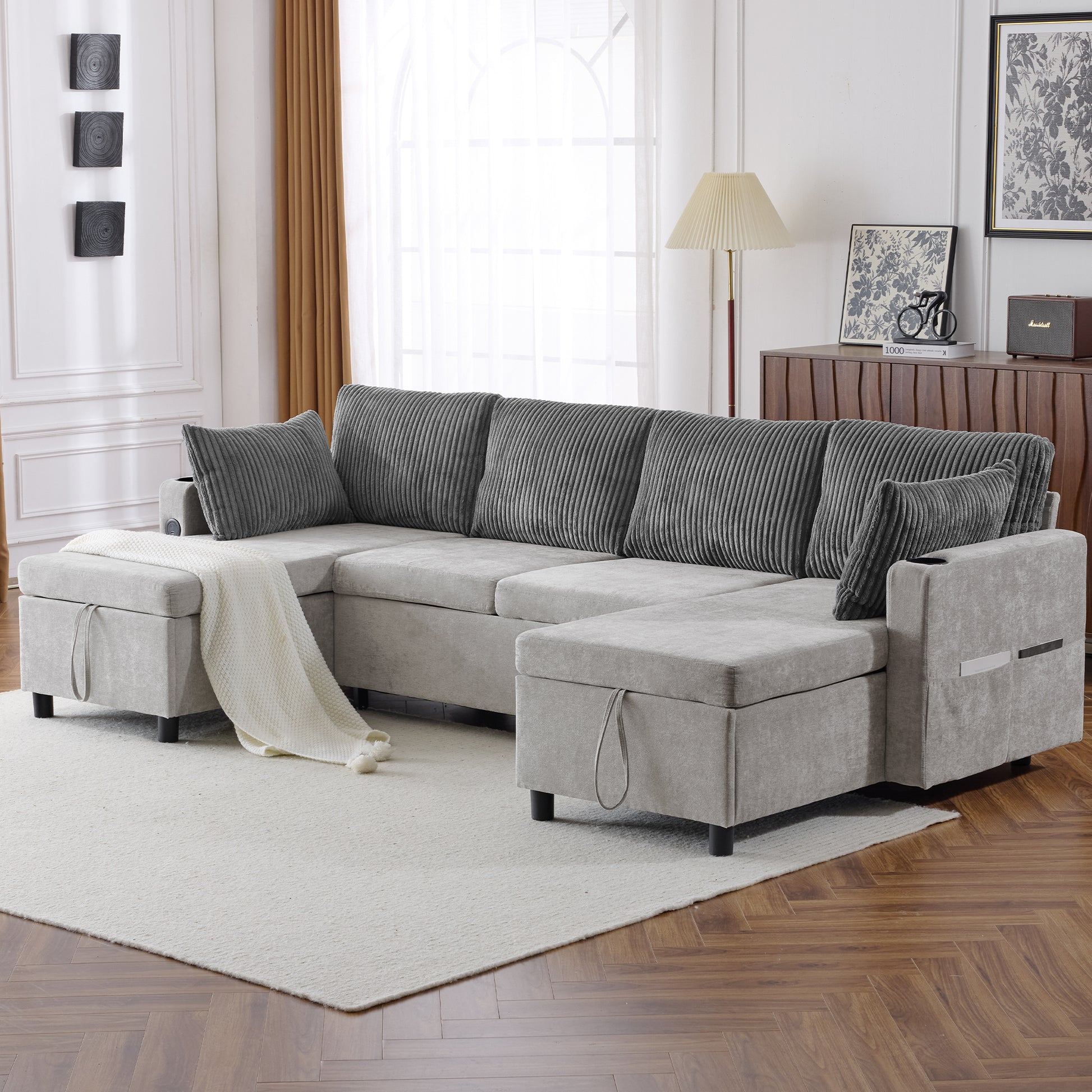 111.8" Sectional Sofa Pull Out Sofa Bed Versatile Sofa Sleeper With Large Storage Space, Two Usb Ports And Two Cup Holders For Living Room, Grey Grey Foam Chenille 4 Seat