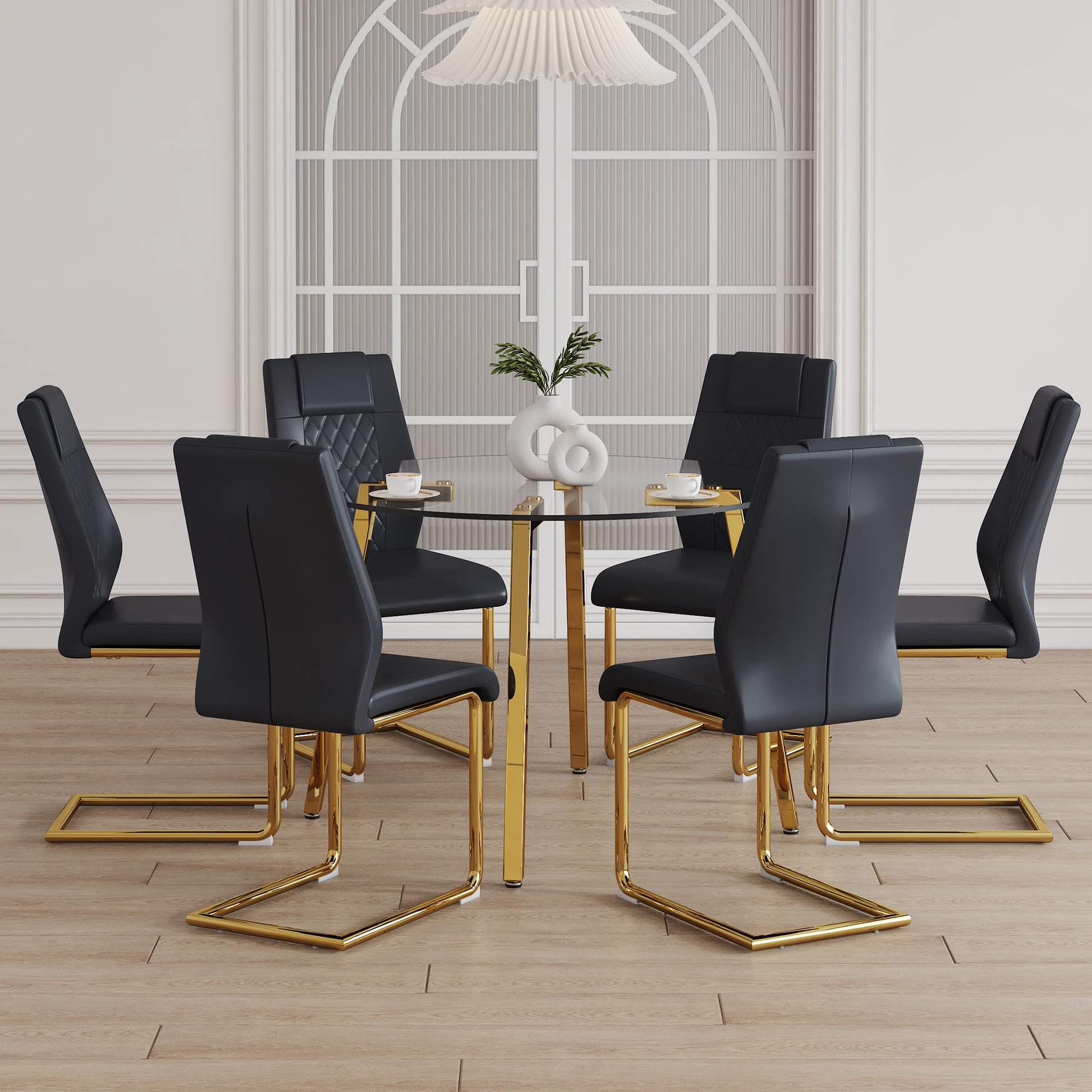 Table And Chair Set.A Modern Minimalist Style Round Clear Tempered Glass Table With Metal Legs.Paried With Black Chairs With Modern Pu Leather High Back Upholstered And C Tube Golden Legs. Transparent Seats 6 Glass