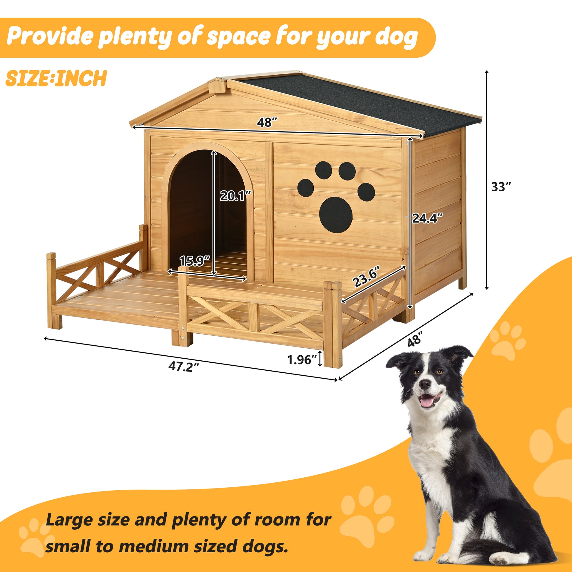 48" Wooden Dog House Outdoor With Porch, Dog Kennel With Water Resistant Asphalt Roof And Fencing,Indoor & Outdoor Dog Crate With Paw Print, Medium, Nature Natural Outdoor Kennel Medium 26 40 Lbs