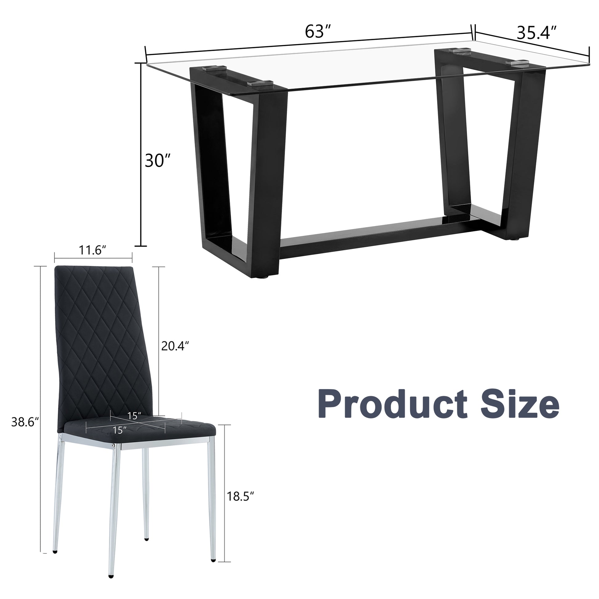 Table And Chair Set.A Rectangular Dining Table Features With Tempered Glass Top And Sleek Black Mdf Stand.Paried With 4 Pu Chairs With Checkered Armless High Back And Electroplated Metal Legs. Black,Transparent Seats 4 Mdf Glass