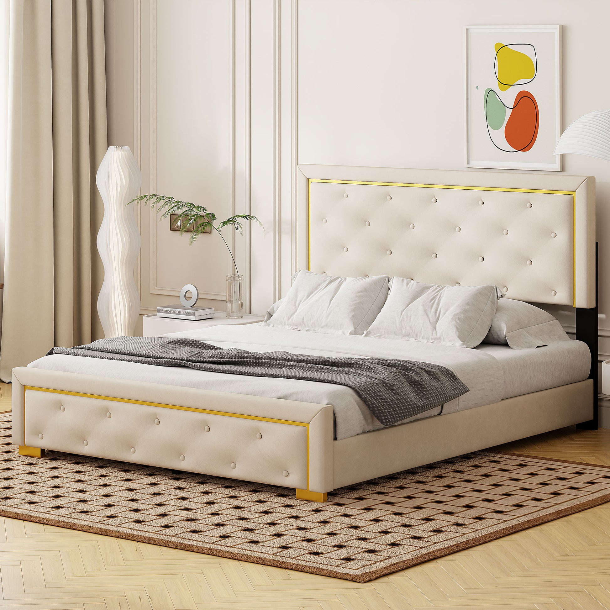 Queen Size Upholstered Platform Bed With Pull Point Headboard And Metal Wire Frame At The Head And Foot Of The Bed, Metal Feet, Velvet, Beige Queen Beige Mdf Lvl