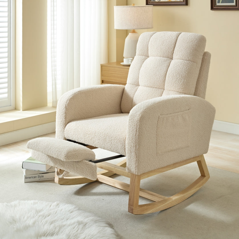 Modern Accent Rocking Chair Rocking Chair With Solid Wood Legs, Adjustable Footrest,Comfy Armchair With Side Pocket, Living Room Lounge Arm Chair With High Backrest Beige,Teddy Beige Polyester Blend