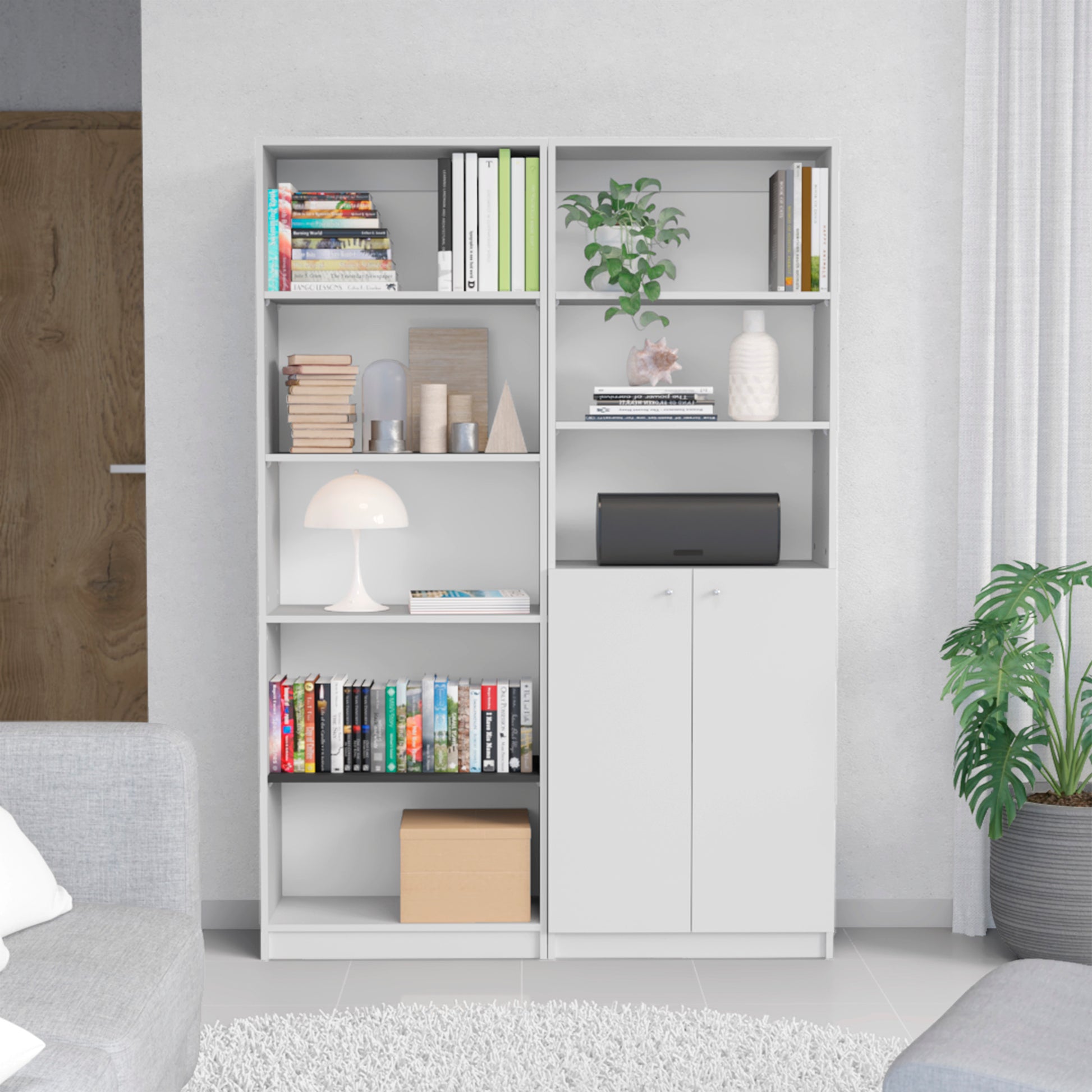 Layton 2 Piece Home Bookcase Set, 49" Wide With 8 Shelves And Double Door Cabinet, Living Room Set White White Particle Board