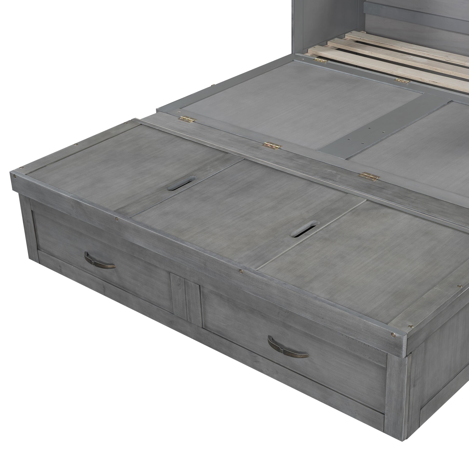 Queen Size Murphy Bed With Usb Ports, Large Drawers And Metal Handles, Antique Grey Queen Gray Solid Wood Mdf