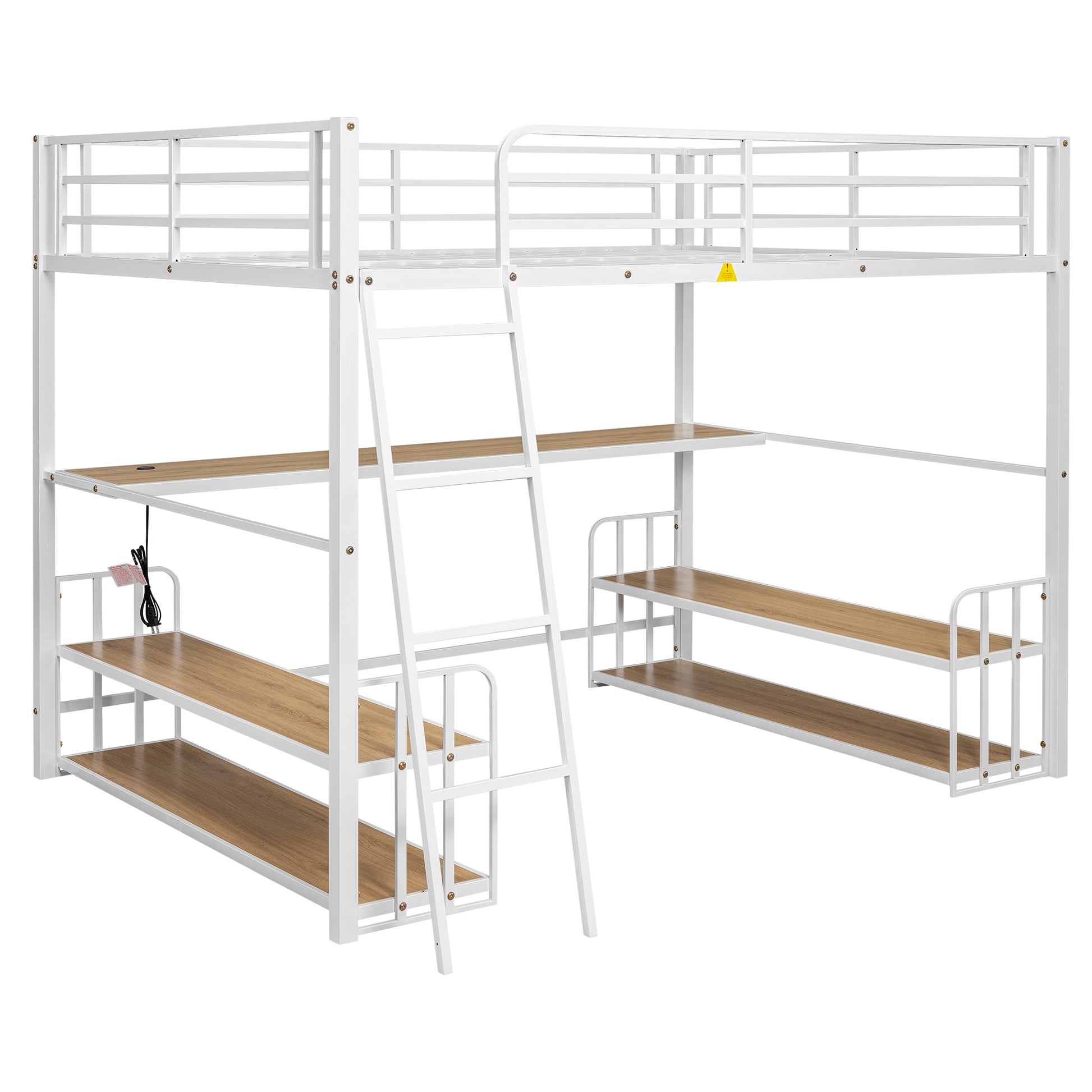 Full Size Metal Loft Bed With Desk, Storage Shelves And Charging Station, White Box Spring Not Required Full White Metal Mdf Metal
