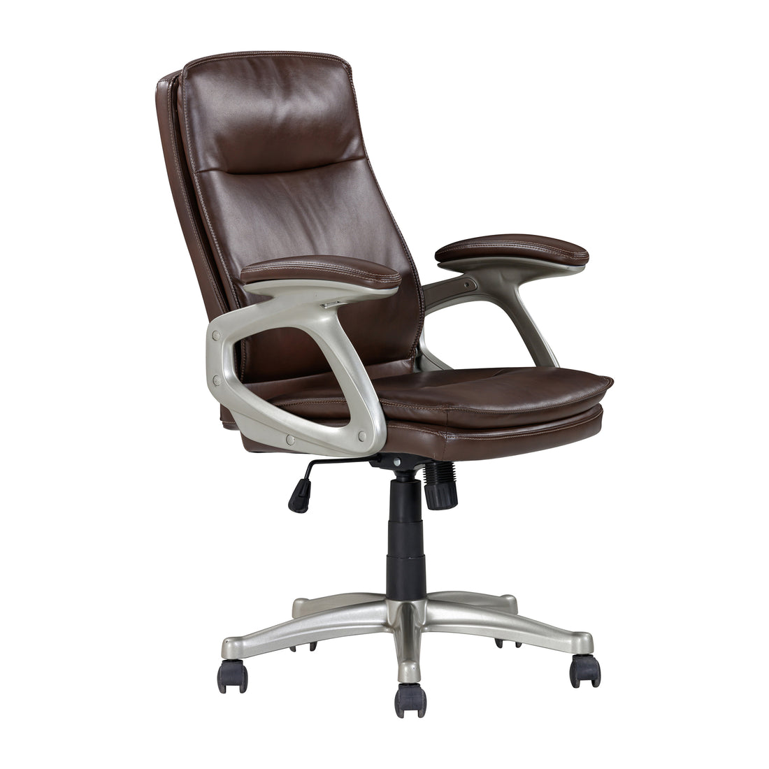 Mid Back Brown Faux Leather Swivel Office Executive Chair, Ergonomic Conference Desk Chair, Brown Silver Caster Plastic Brown,Silver Office Foam Rectangular Contemporary Push Button Office Chairs Solid Back Plywood Adjustable Height Faux Leather