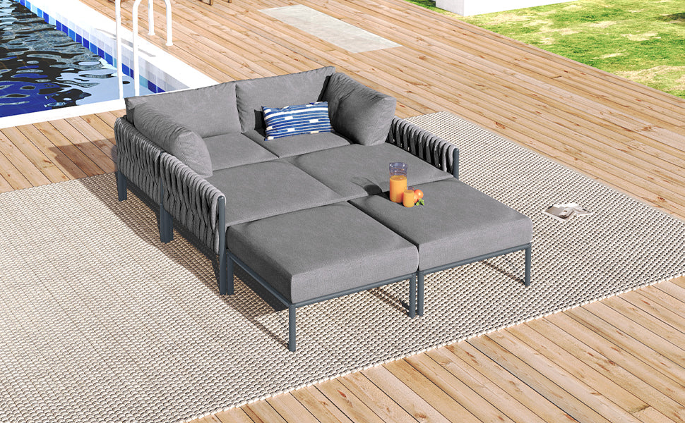 6 Pieces Aluminum Patio Furniture Set, Modern Metal Outdoor Conversation Set Sectional Sofa With Removable Olefin Extra Thick Cushions 5.9" Cushion, Grey Yes Complete Patio Set Gray Seats 6 Weather Resistant Frame Garden & Outdoor