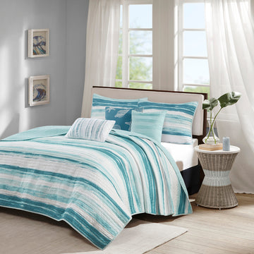 6 Piece Printed Quilt Set With Throw Pillows Aqua King Cal King King Aqua Cotton