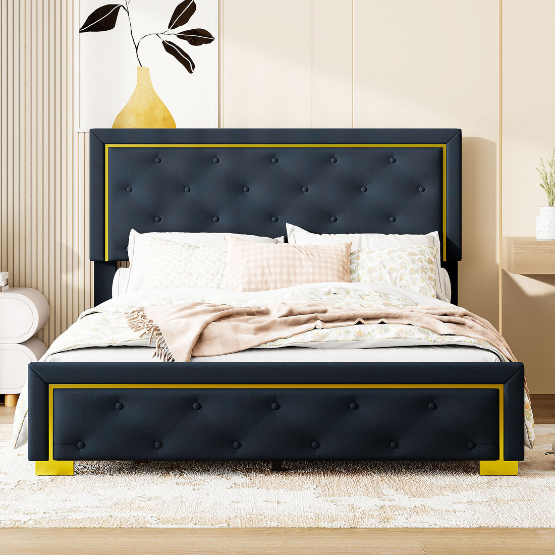 Queen Size Upholstered Platform Bed With Pull Point Headboard And Metal Wire Frame At The Head And Foot Of The Bed, Metal Feet, Velvet, Black Queen Black Mdf Lvl