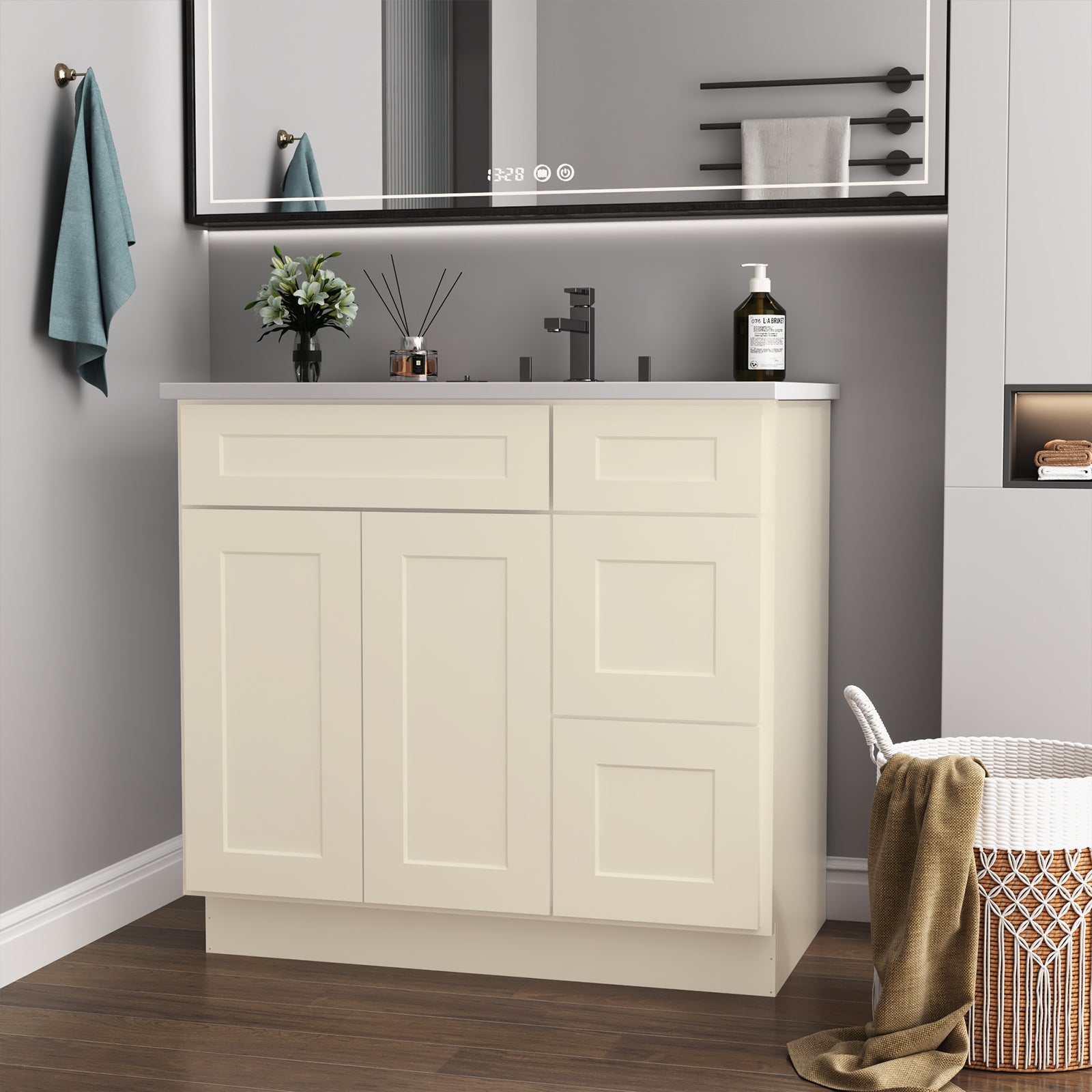 36 In. W X 21 In. D X 34.5 In. H In Antique White Plywood Ready To Assemble Floor Vanity Sink Base Kitchen Cabinet With Right Door Antique White Plywood